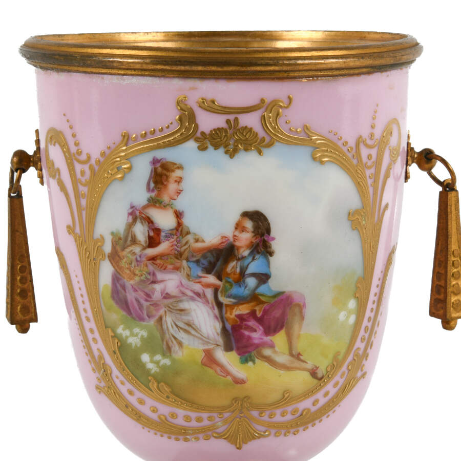 Antique French-Style Pink Urn Painted Courting Scene-4