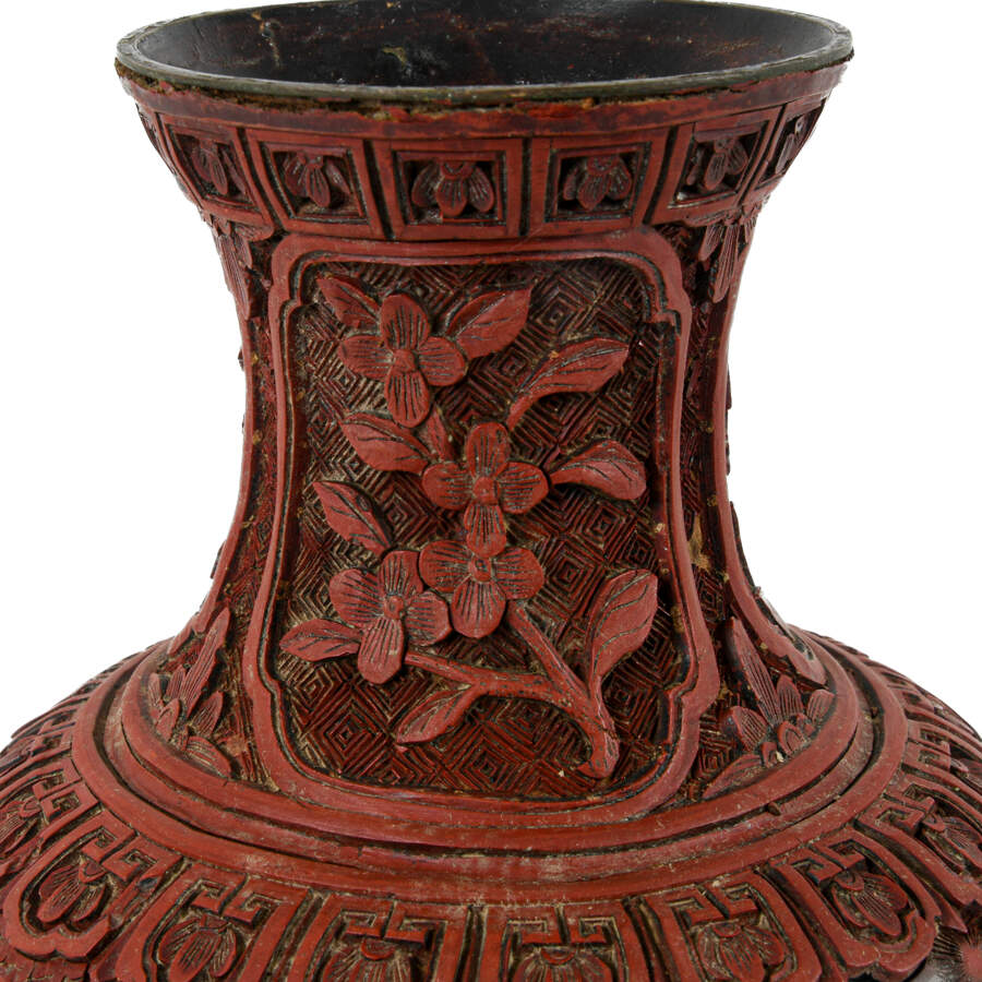 Antique Chinese Nature Inspired Cinnabar Vase-4