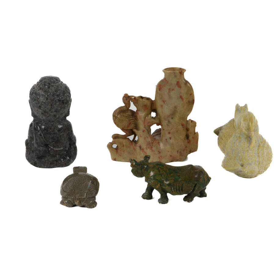 Lot of Five Carved Figures and Soapstone Vase-5
