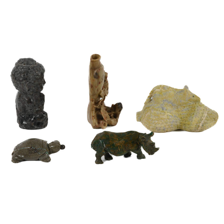 Lot of Five Carved Figures and Soapstone Vase-4
