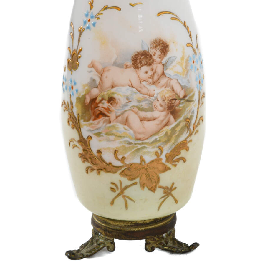 Antique French Putti Opaline Glass and Bronze Vase-5