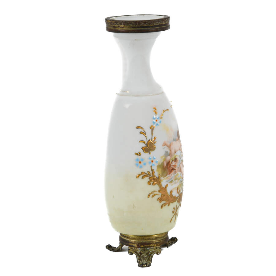 Antique French Putti Opaline Glass and Bronze Vase-4