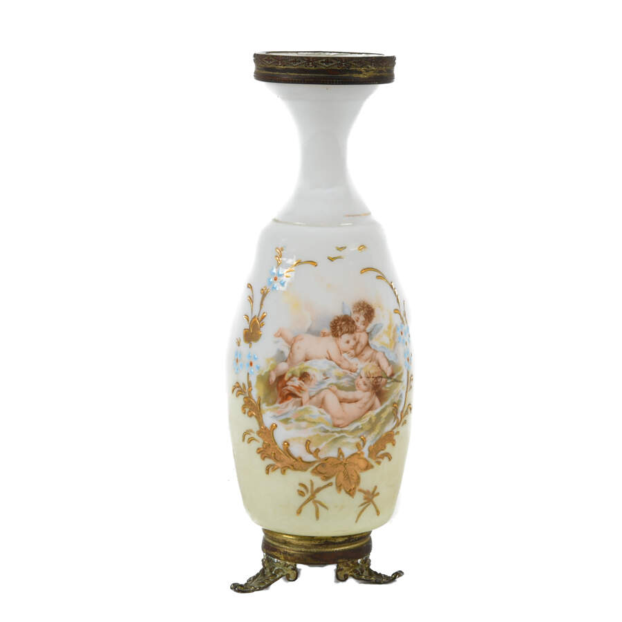Antique French Putti Opaline Glass and Bronze Vase-1