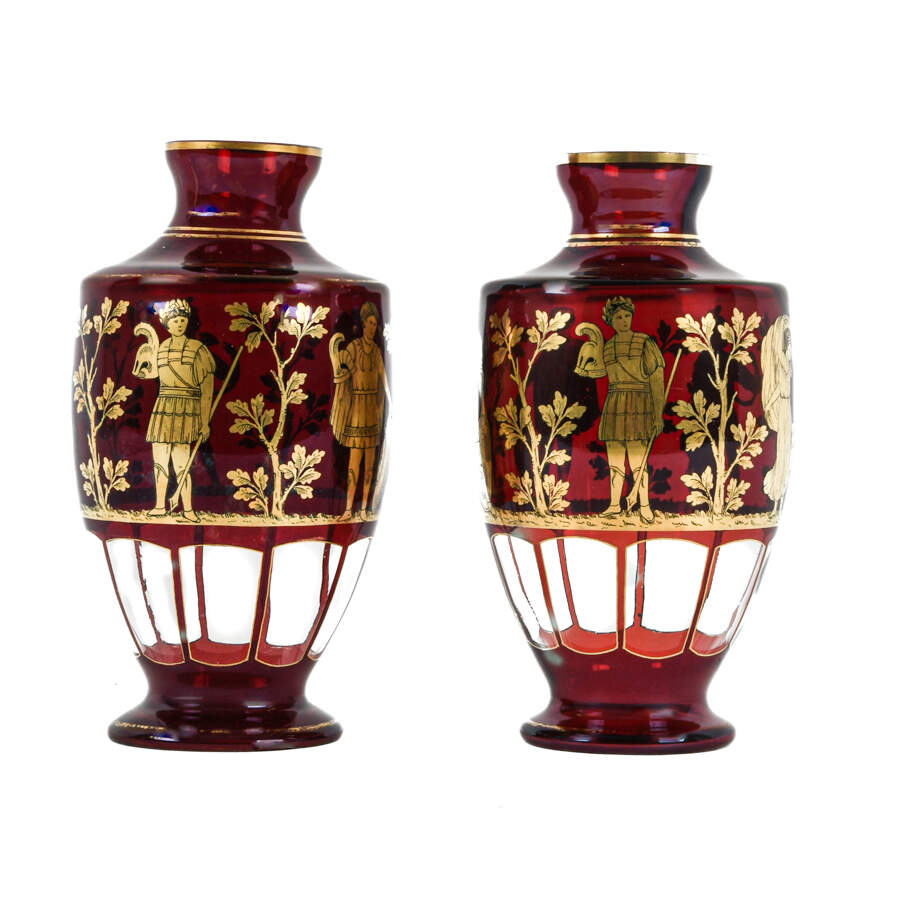 Antique Pair Gilt Decorated Engraved Greek Warrior Vases-1