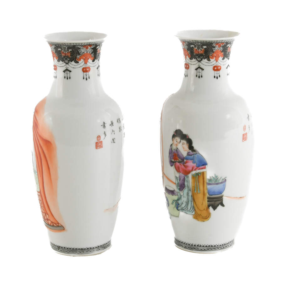 Antique Pair of Famille Rose Vases with Landscape and Figures-2