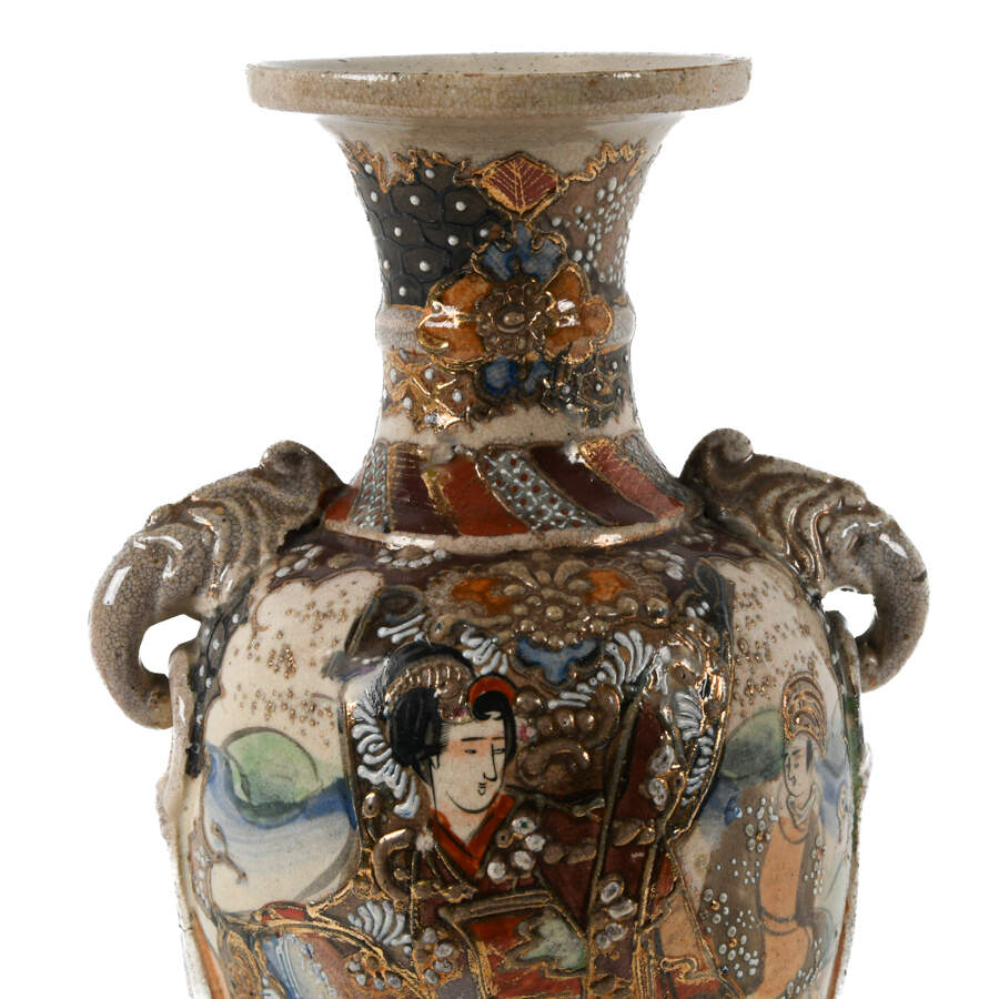 Antique Japanese Elephant Handled Satsuma Vase-5
