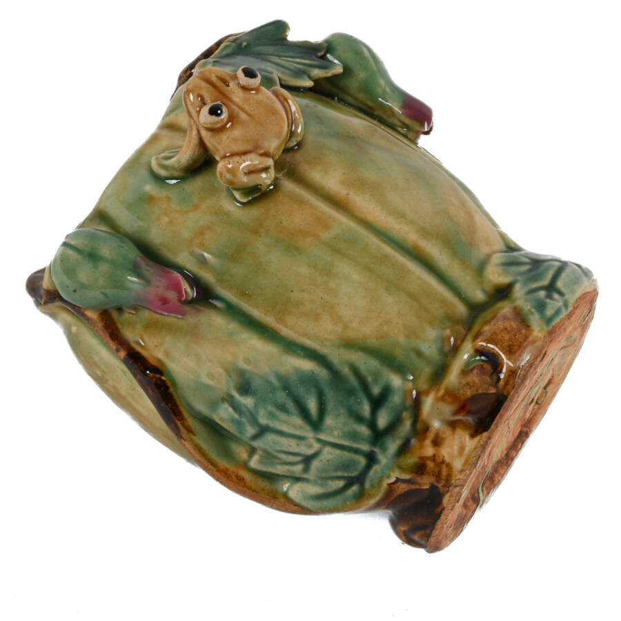 Drip Glazed Majolica Vase with Raised Relief Frog and Flowers-6