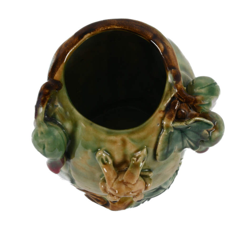 Drip Glazed Majolica Vase with Raised Relief Frog and Flowers-5