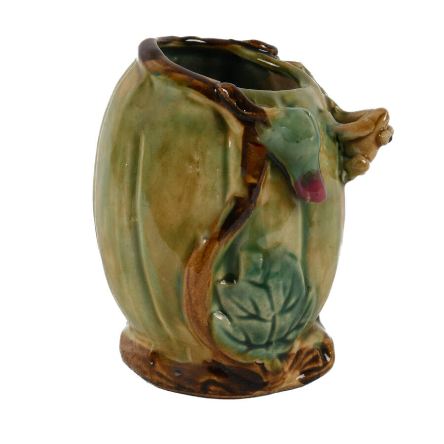 Drip Glazed Majolica Vase with Raised Relief Frog and Flowers-4