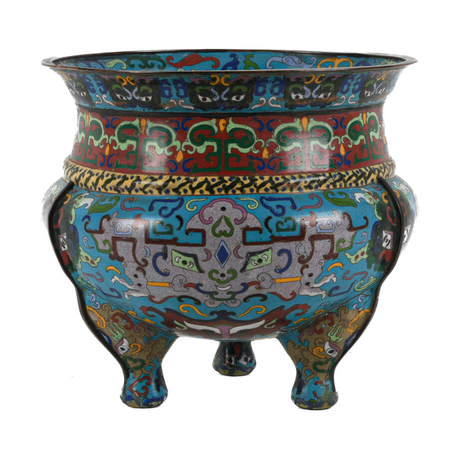 Antique Chinese 20th-Century Blue Cloisonné Enamel Bowl-1