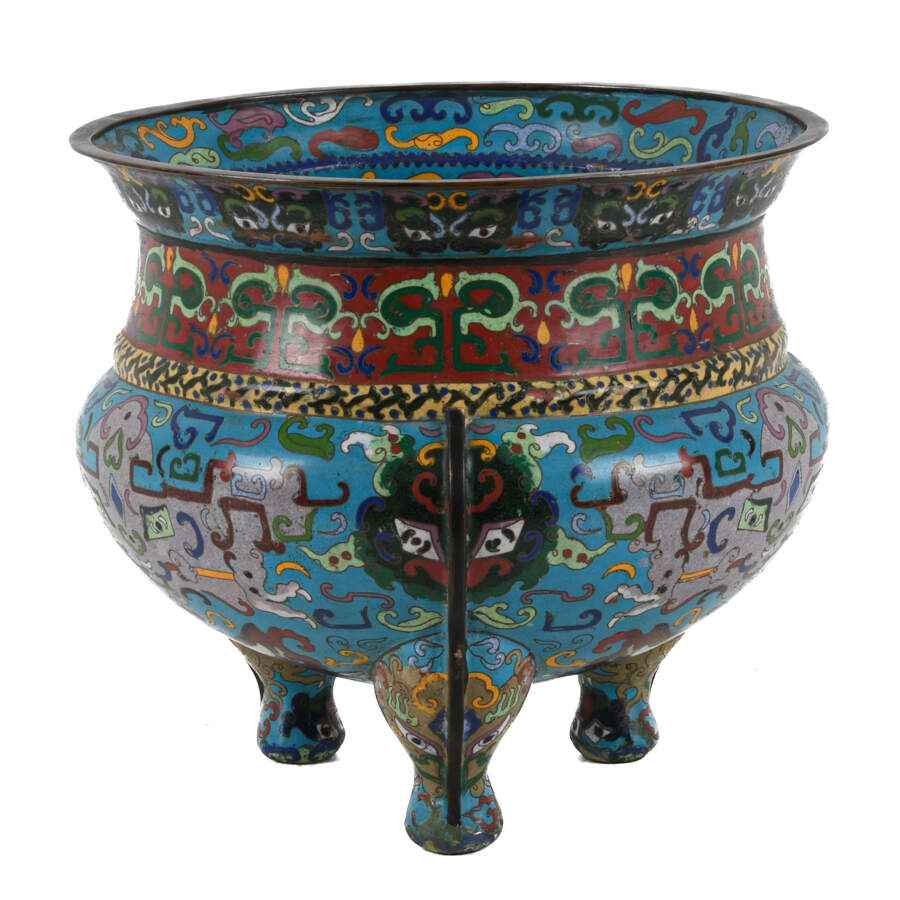Antique Chinese 20th-Century Blue Cloisonné Enamel Bowl-4