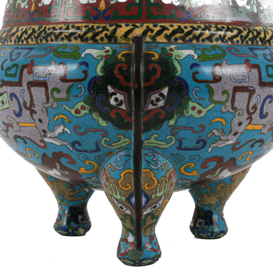Antique Chinese 20th-Century Blue Cloisonné Enamel Bowl-3