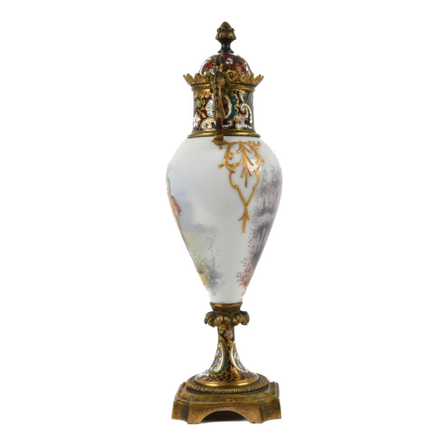 Antique French Sèvres Style Champlevé Enamel Porcelain Urn-3