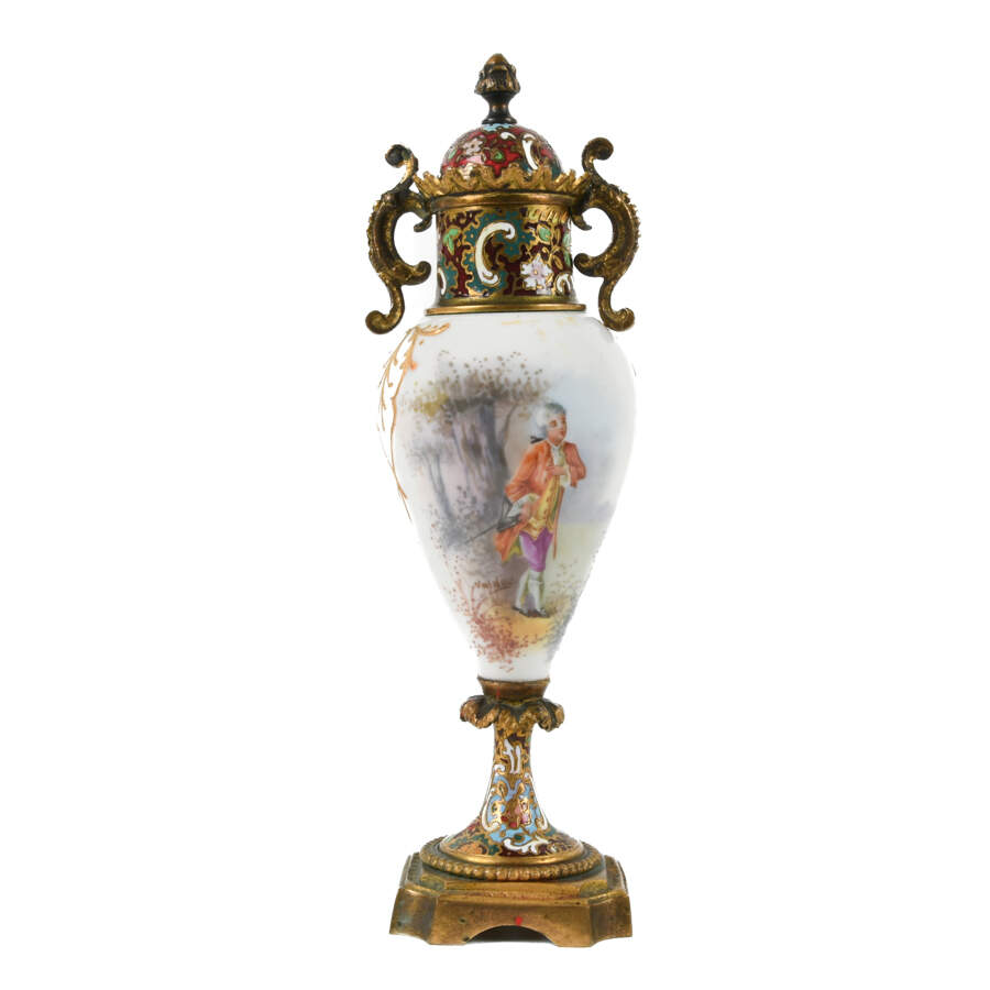 Antique French Sèvres Style Champlevé Enamel Porcelain Urn-1