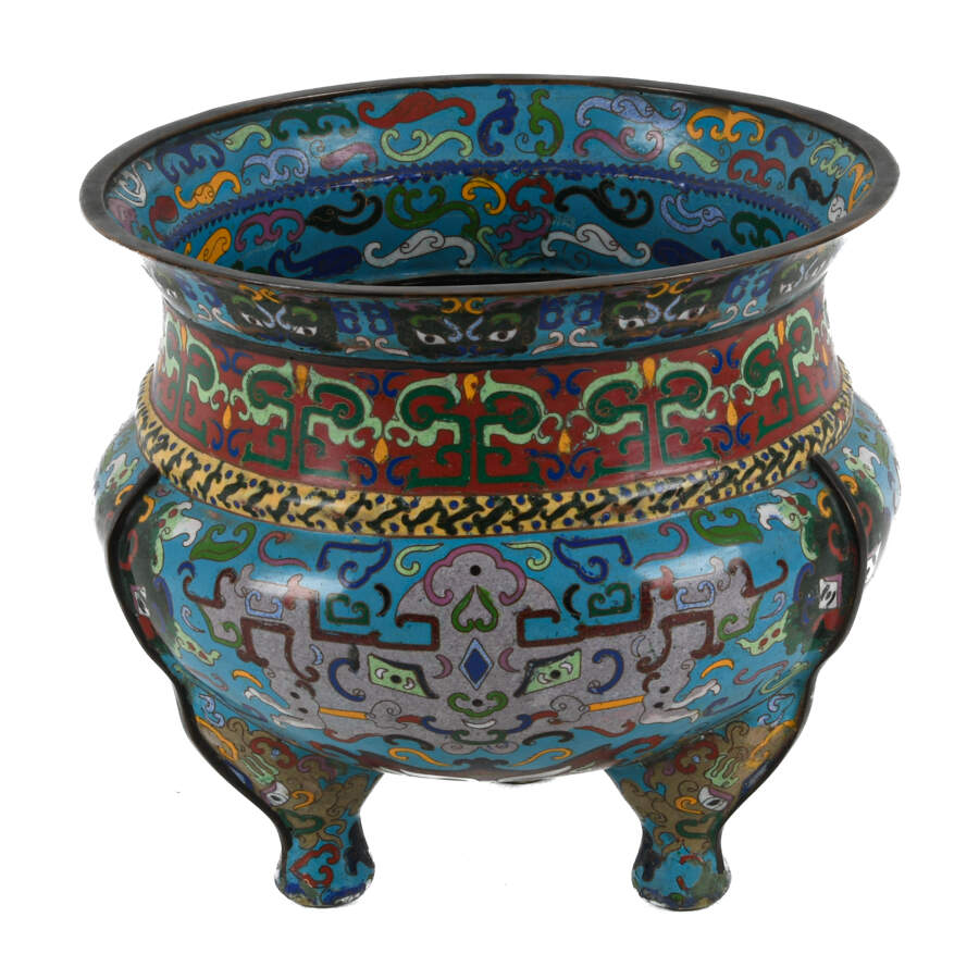 Antique Chinese 20th-Century Blue Cloisonné Enamel Bowl-2