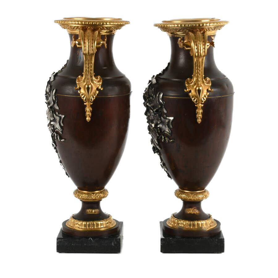 Antique 19th Century Pair of Bronze Urns on Marble Bases-2