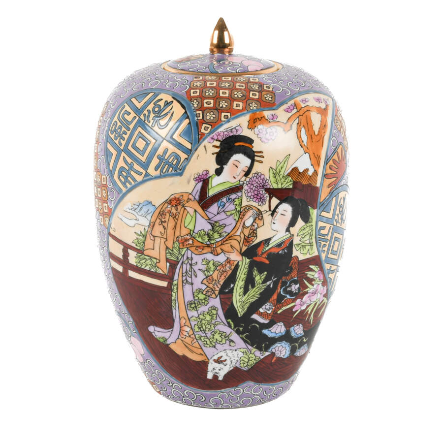 Hand-Painted Geishas Melon Shaped Ginger Jar-1