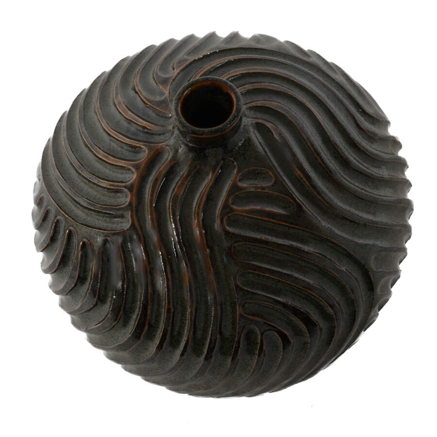 Grooved Dark Brown Studio Pottery Vase-4
