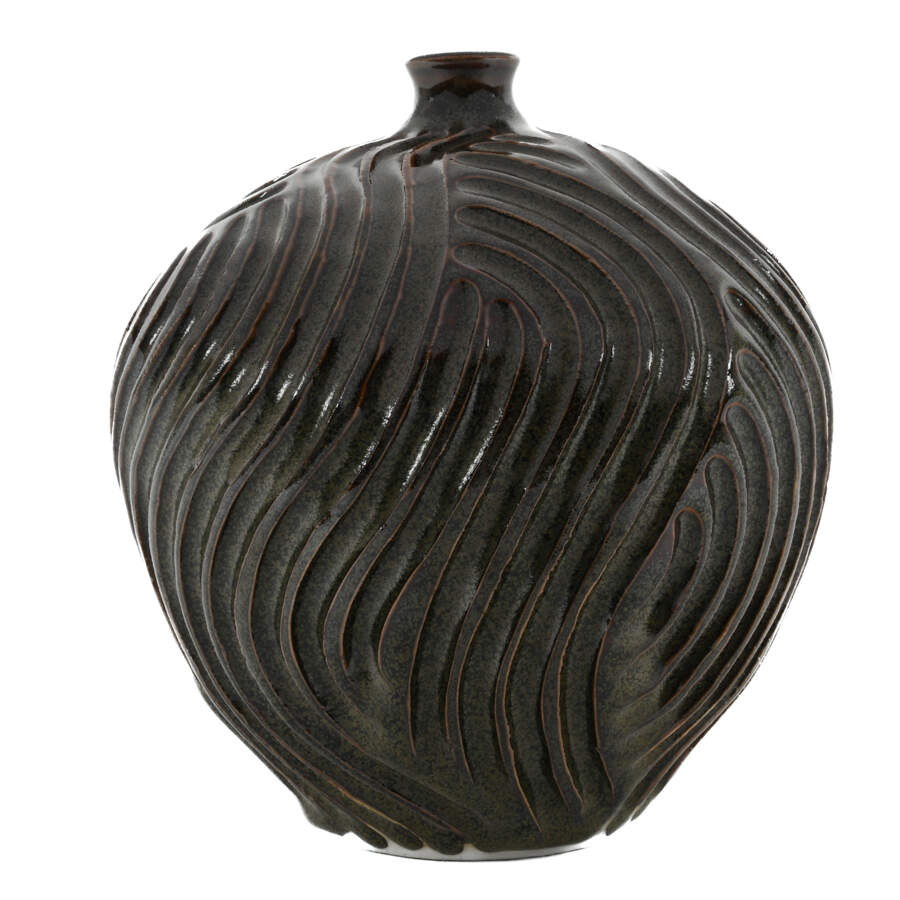 Grooved Dark Brown Studio Pottery Vase-3
