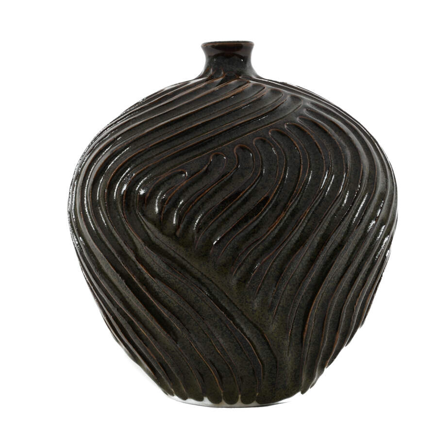 Grooved Dark Brown Studio Pottery Vase-2