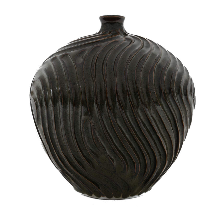 Grooved Dark Brown Studio Pottery Vase-1