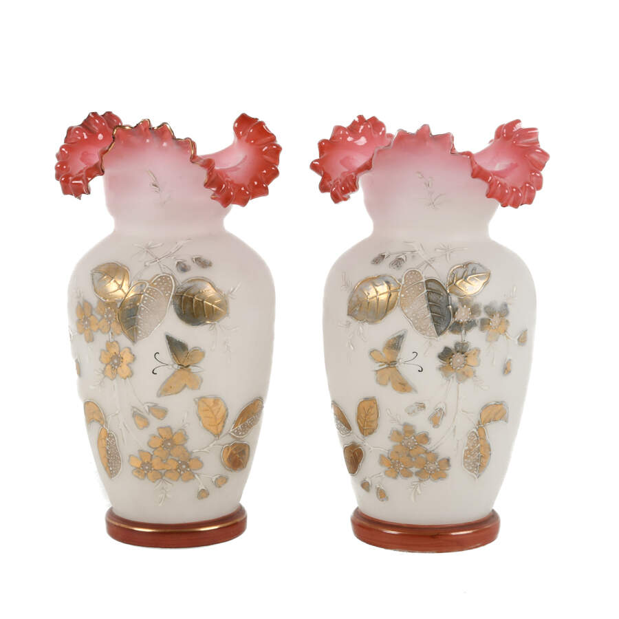Antique Pair of Bristol Scalloped Edge Vases-1