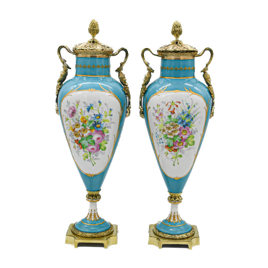 Antique French Porcelain Sèvres Style Covered Urns-3