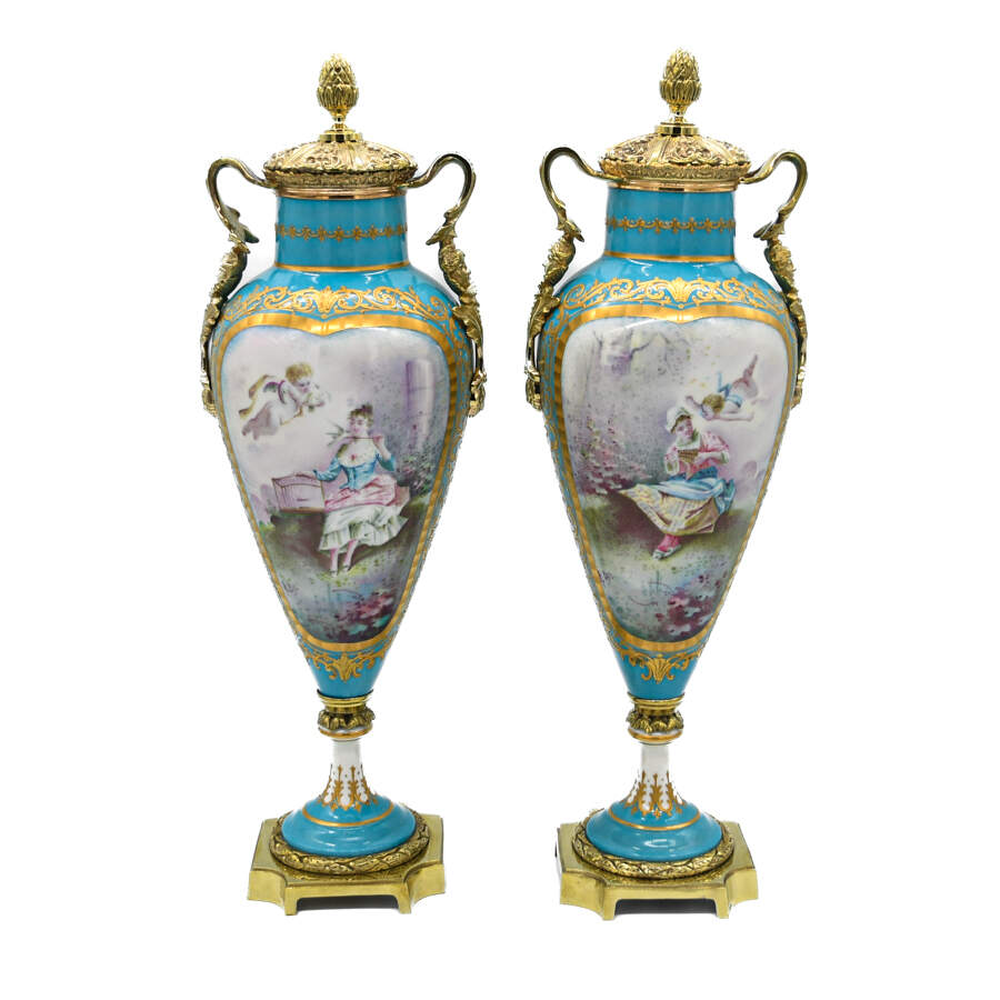 Antique French Porcelain Sèvres Style Covered Urns-1