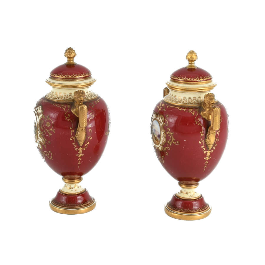 Antique Pair of Coalport Miniature Commemorative Urns-2