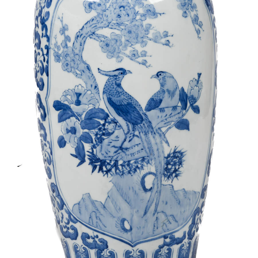 Chinoiserie Blue and White Birds Floor Vase-6