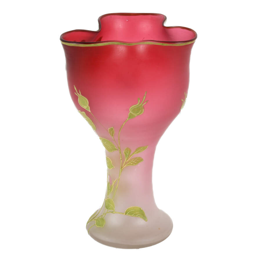 Antique Satin Glass Floral Hand-Painted Vase-4