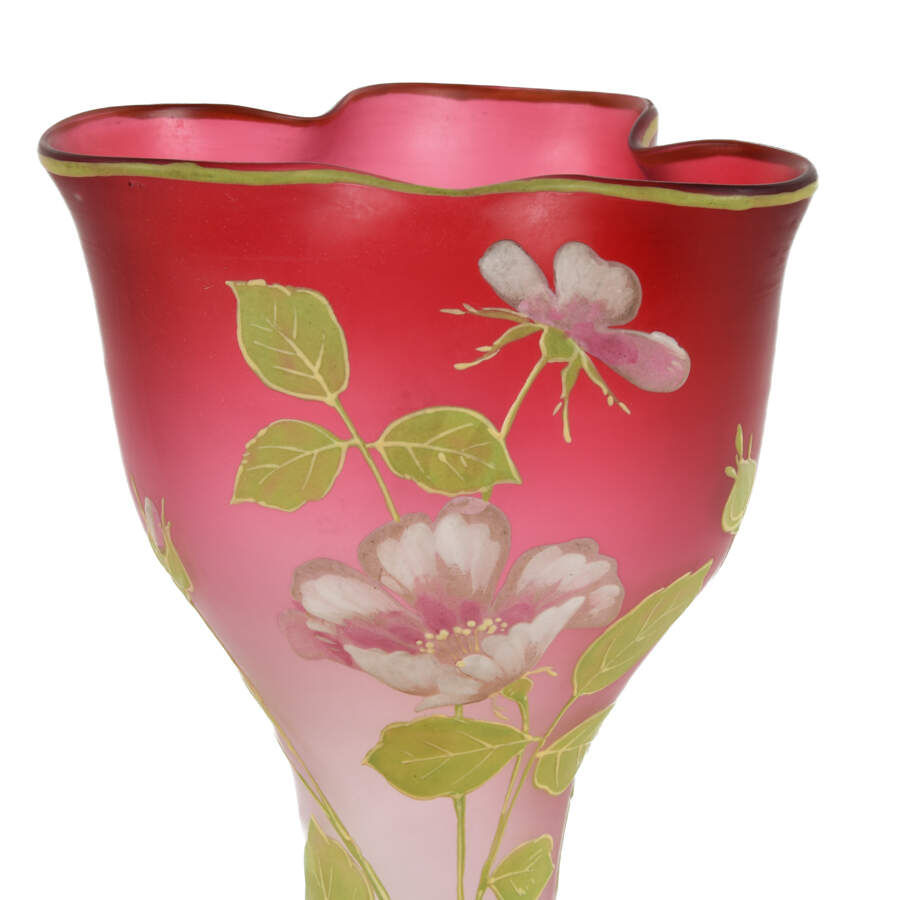 Antique Satin Glass Floral Hand-Painted Vase-2