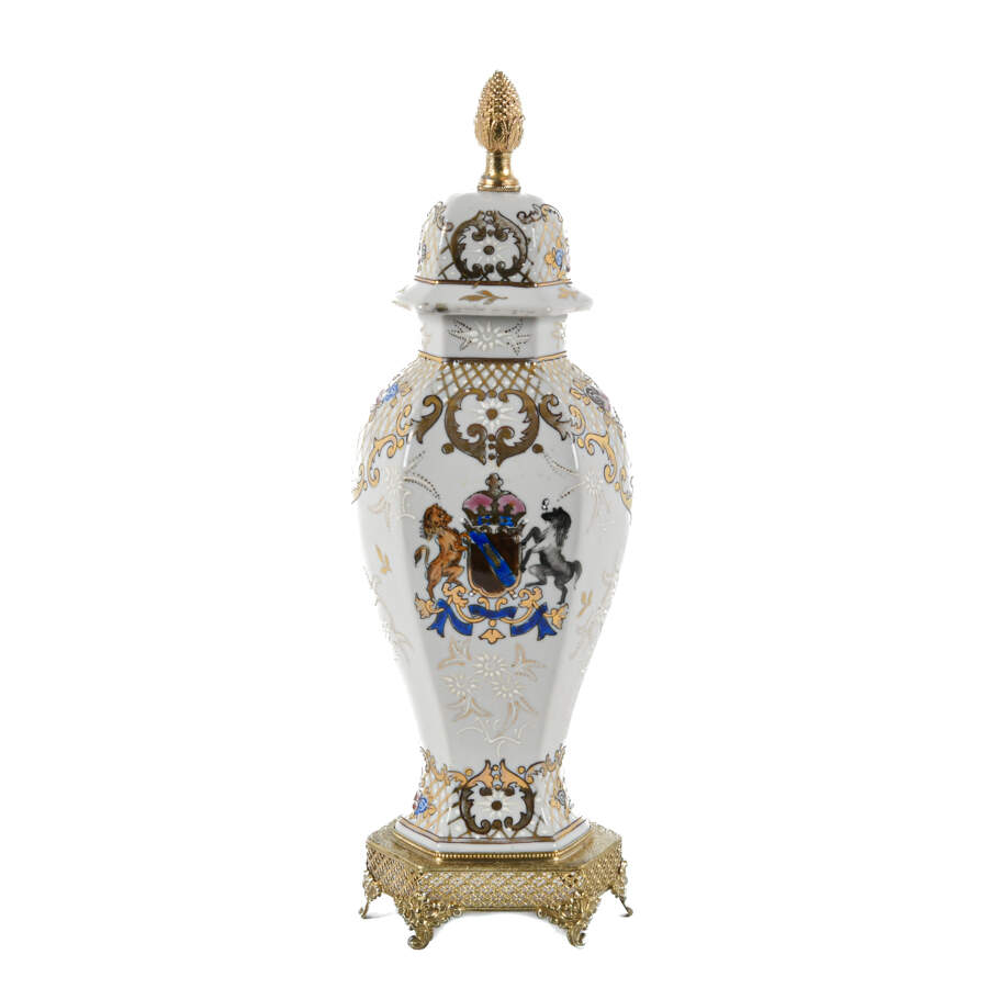 English Heraldic Coat of Arms Mounted White Vase-8