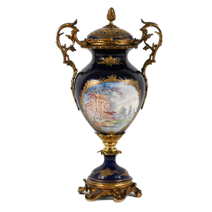 Antique Sèvres-Style Ormolu and Hand-Painted Lidded Urn-1