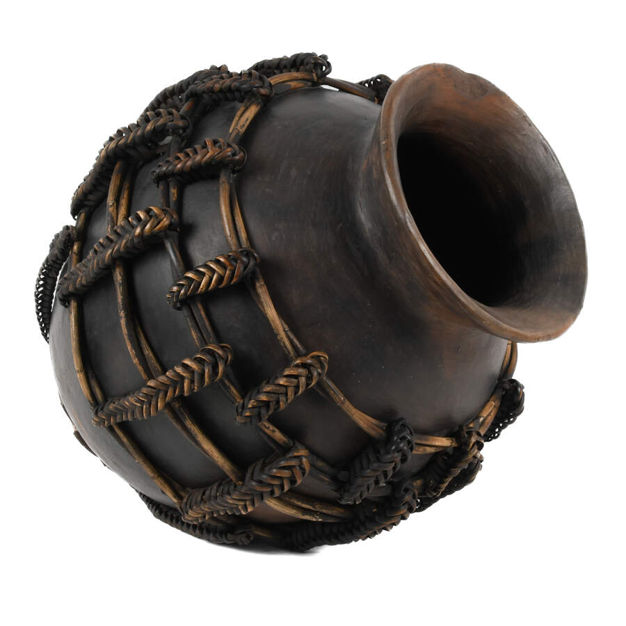Mid-Century Modern Ornately Wrapped Rattan and Terracotta Floor Vase-5