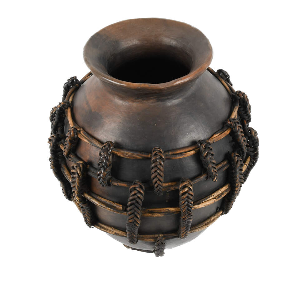 Mid-Century Modern Ornately Wrapped Rattan and Terracotta Floor Vase-3