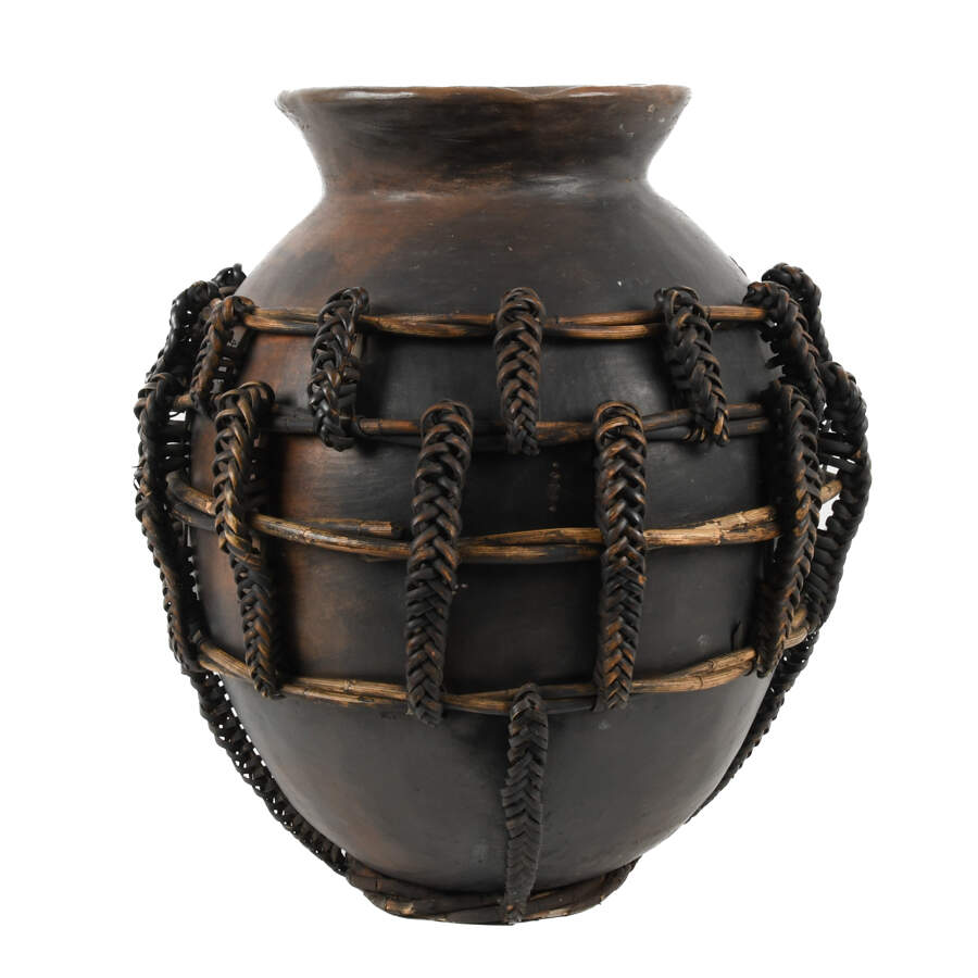 Mid-Century Modern Ornately Wrapped Rattan and Terracotta Floor Vase-2