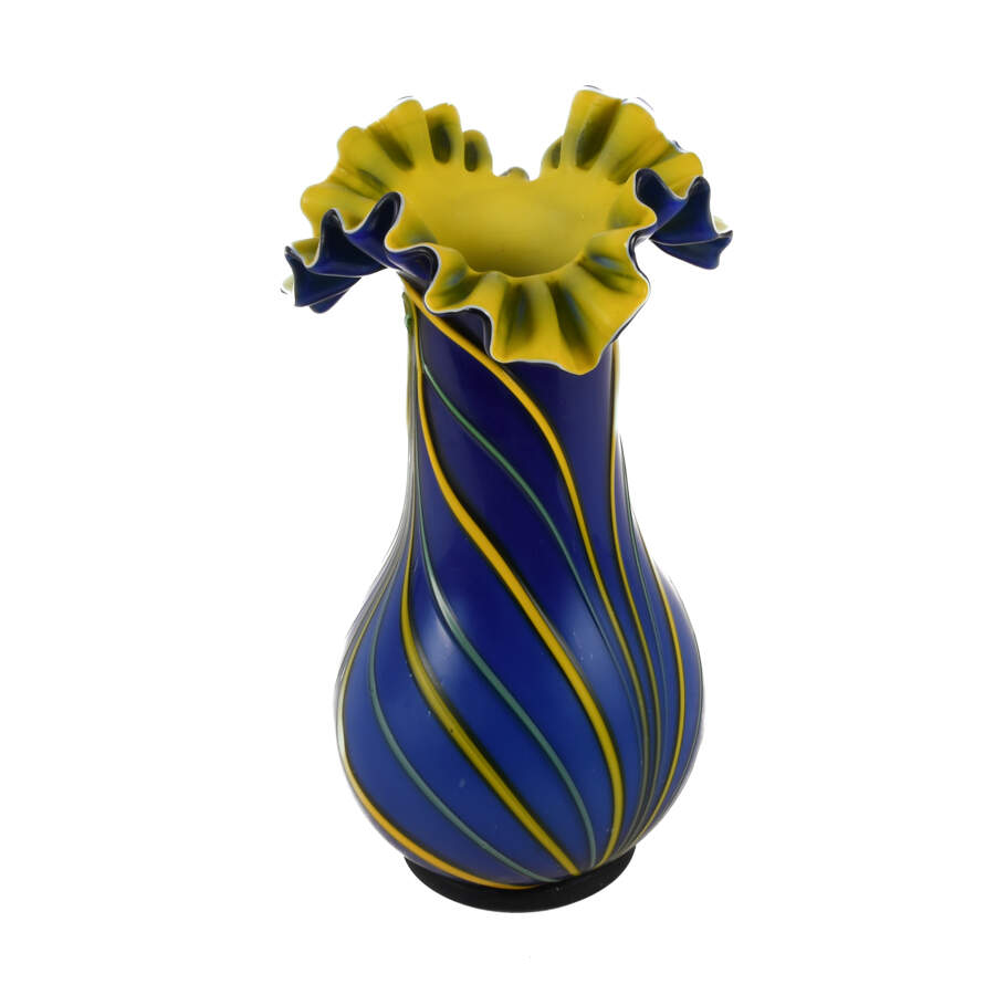 Czech Bohemian Hand-Blown Cobalt and Yellow Art Glass Vase-5