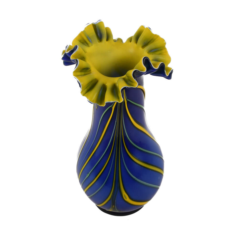 Czech Bohemian Hand-Blown Cobalt and Yellow Art Glass Vase-4