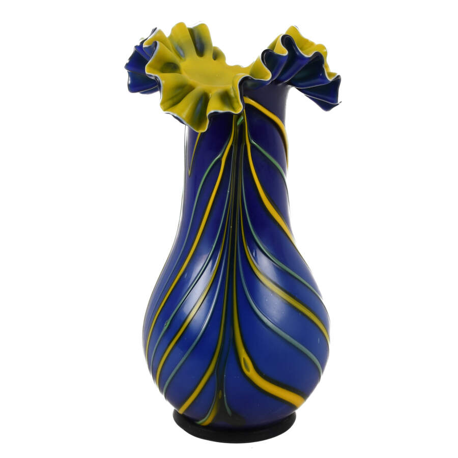 Czech Bohemian Hand-Blown Cobalt and Yellow Art Glass Vase-3