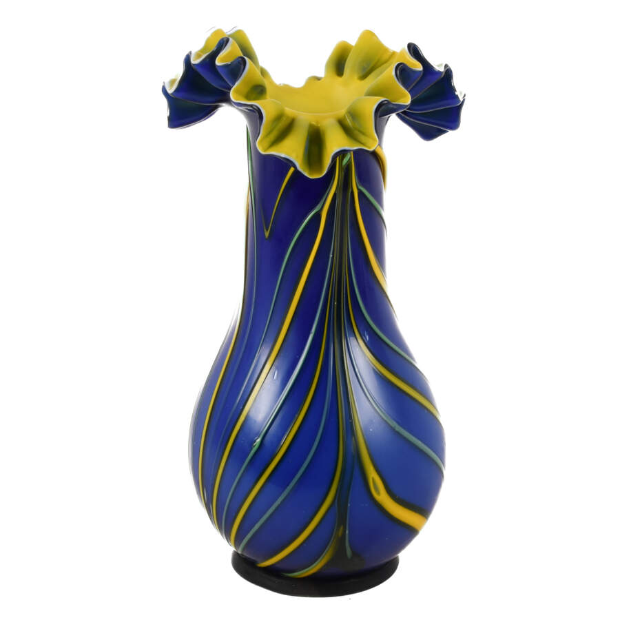Czech Bohemian Hand-Blown Cobalt and Yellow Art Glass Vase-2
