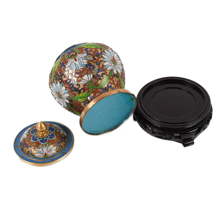 Chinese Lidded Cloisonné Enamel Jar on Wood Base-5