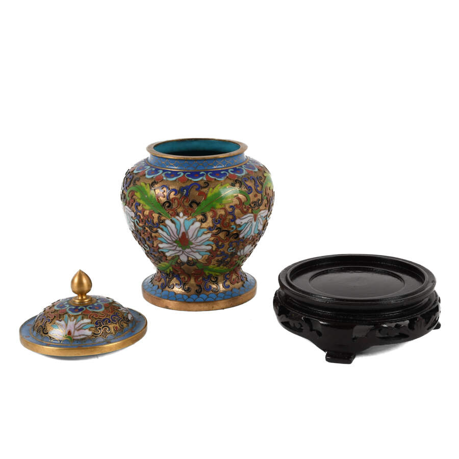 Chinese Lidded Cloisonné Enamel Jar on Wood Base-4