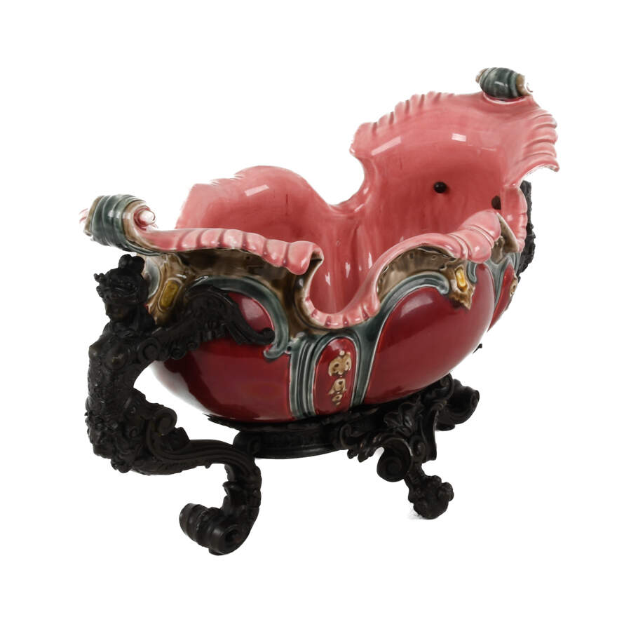 French Majolica and Figural Cast Metal Jardinière-4