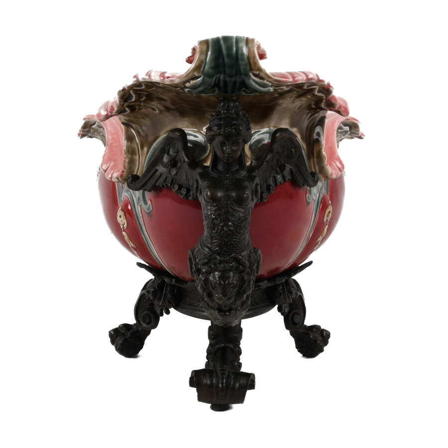 French Majolica and Figural Cast Metal Jardinière-3