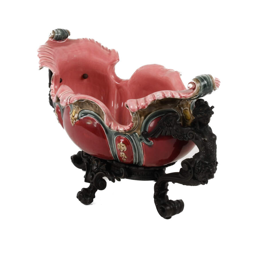 French Majolica and Figural Cast Metal Jardinière-2