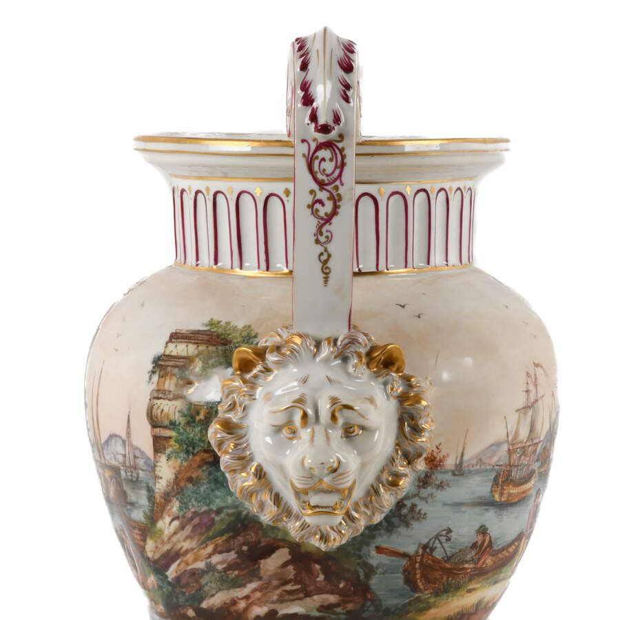 Antique Large Meissen-Style Port Landscape Scene Porcelain Urn-5
