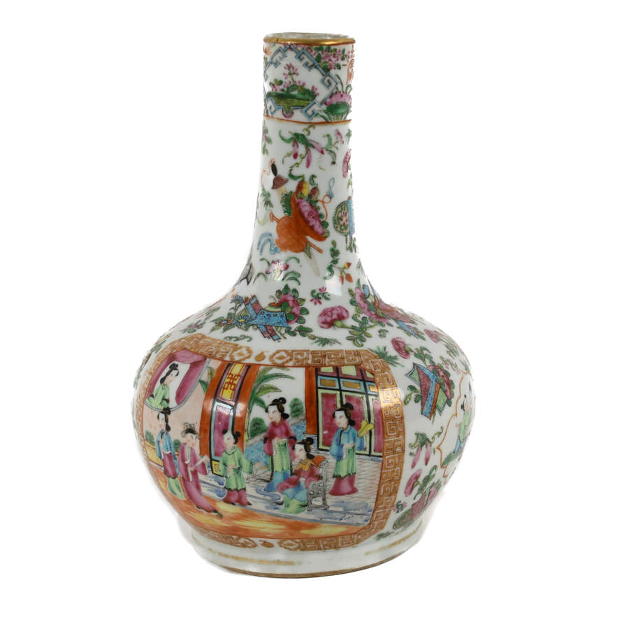 Antique Rose Medallion Bottle Neck Vase-5
