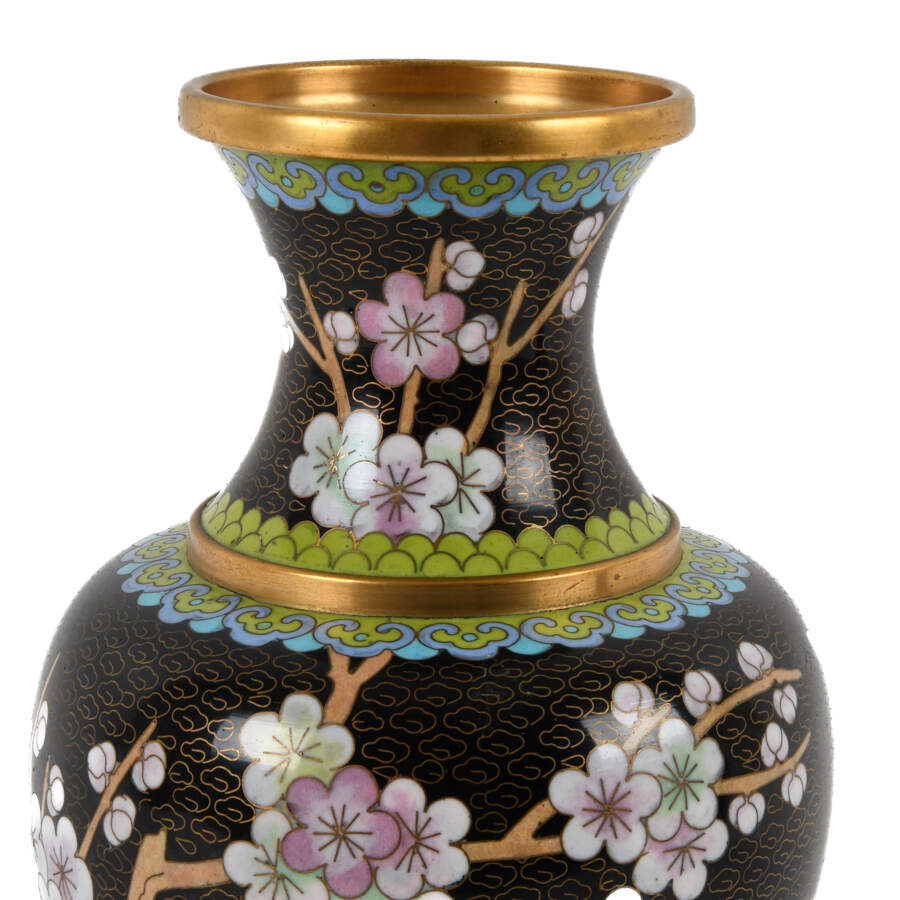 Pair of Black Chinese Cloisonné Cherry Blossom Vases-5