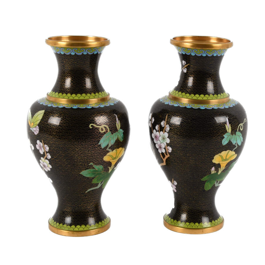 Pair of Black Chinese Cloisonné Cherry Blossom Vases-4